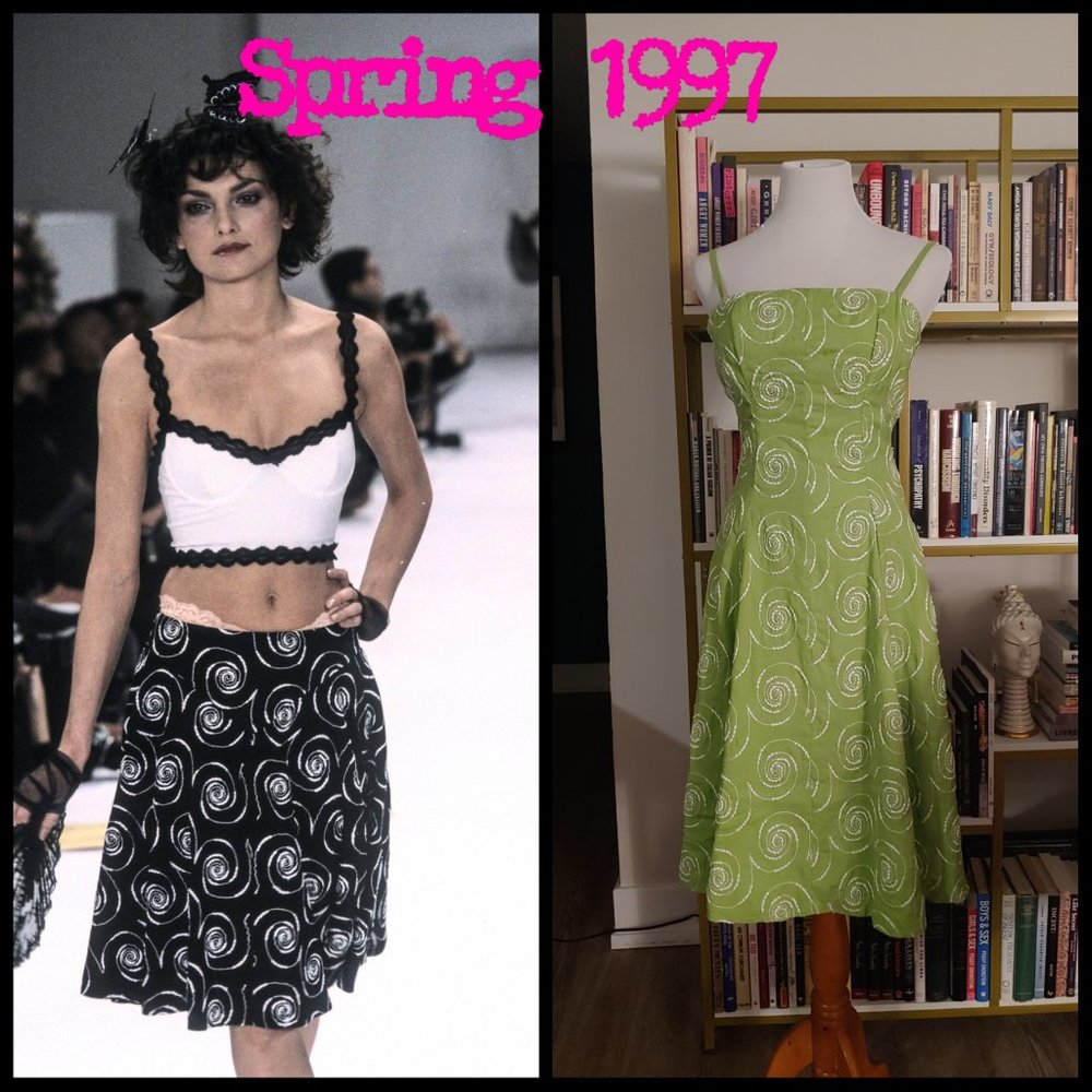 Vintage Betsey Johnson Lime Green Spring 1997 90s dress M spiral linen